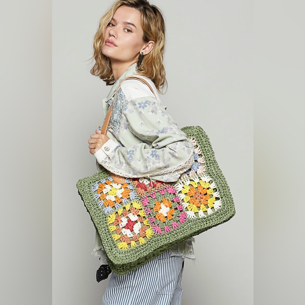 POL Multicolor Crochet Tote Bag with Boho Flair Green